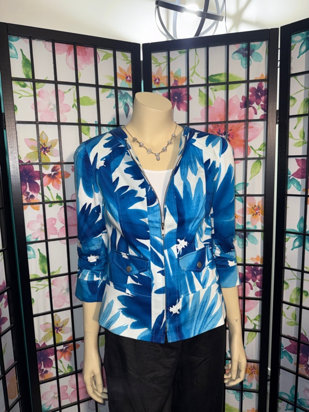 Blue White Tropical-Print Zip Jacket